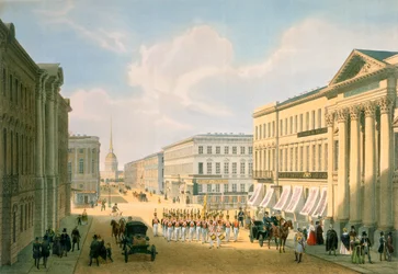 The Police Bridge and Nevsky avenue in St. Petersburg, printed by Lemercier, Paris, 1840s
